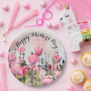 Roze Floral Waterverf Happy Moederdag Flowers Papieren Bordje