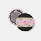 Roze Floral Waterverf Monogram Naam Magneet (Voorkant / Achterkant)