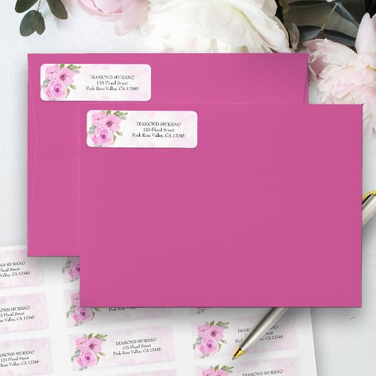  Roze Floral Waterverf Return Address Label