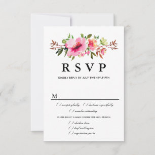 Roze Floral Wedding RSVP-kaart, maaltijdopties RSVP Kaartje