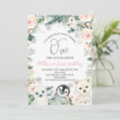 Roze Floral Winter Animals 1e verjaardag Uitnodigi Kaart (Staand voorkant)