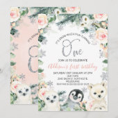 Roze Floral Winter Animals 1e verjaardag Uitnodigi Kaart (Voorkant / Achterkant)