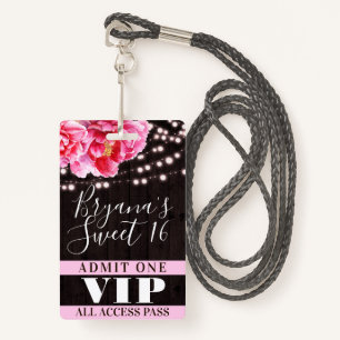 Roze Floral Wood String Lights Sweet 16 VIP Pass Badge
