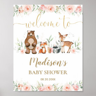 Roze Floral Woodland Animal Baby shower Welkom Poster
