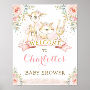Roze Floral Woodland Animals Baby shower Welkom Poster