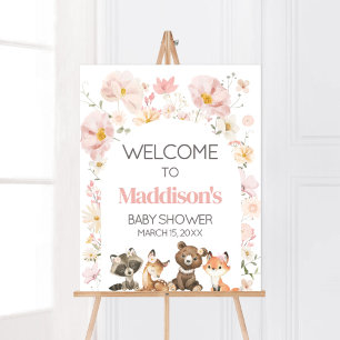 Roze Floral Woodland Animals Baby shower Welkom Poster