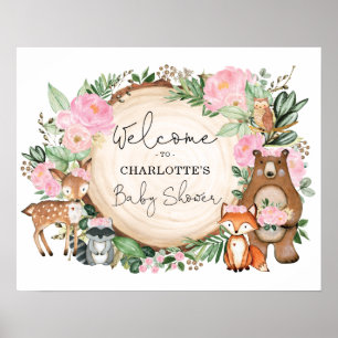 Roze Floral Woodland Animals Baby shower Welkom Poster