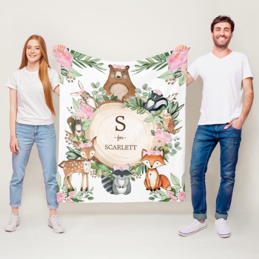 Roze Floral Woodland Animals Custom Monogram Name Fleece Deken (In situ)