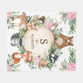 Roze Floral Woodland Animals Custom Monogram Name Fleece Deken (Voorkant (Horizontaal))