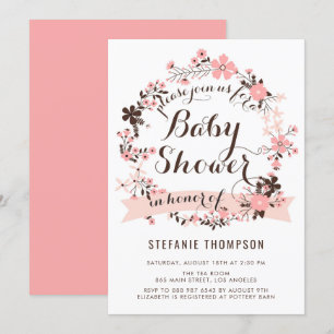  Roze Floral Wreated Baby shower Kaart