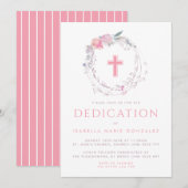 Roze Floral Wreath & Cross Baby Dedication Kaart (Voorkant / Achterkant)