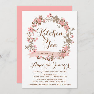 Roze Floral Wreath Kitchen Tea Party Invitation Kaart