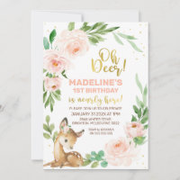 Roze Floral Wreath Oh Deer Birthday Uitnodiging