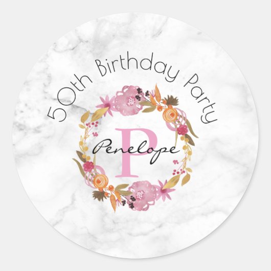  roze Floral Wreatmonogram Birthday Ronde Sticker (Voorkant)
