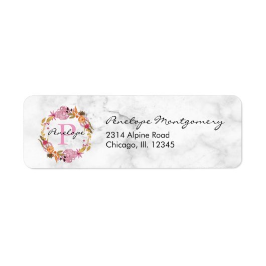  Roze Floral Wreatmonogram Etiket (Voorkant)
