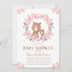 Roze Floral Wreator Beren Baby shower Uitnodiging