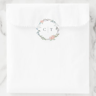 Roze Floral Wreator Initialen Round Wedding Sticke Ronde Sticker