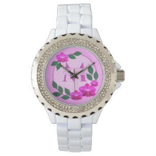Roze florale  gepersonaliseerde naam initiaal horloge