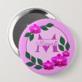 Roze florale  gepersonaliseerde naam initiaal ronde button 4,0 cm (Voorkant /achterkant)