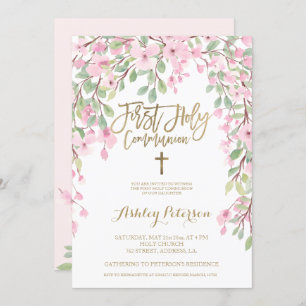 Roze florale waterverf goud Eerste Heilige Communi Kaart