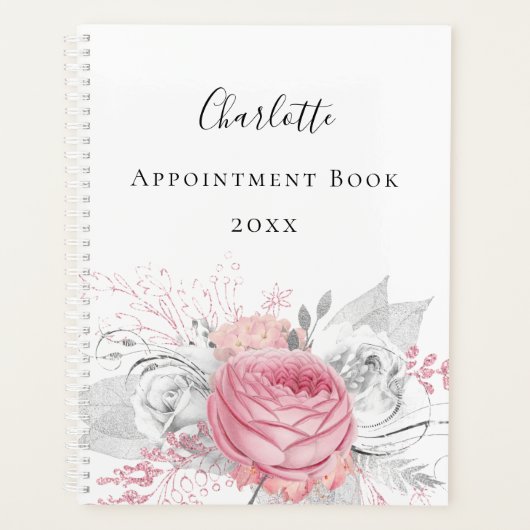 Roze florale zilverfoliage, wit naamplaatje 2022 planner (Voorkant)