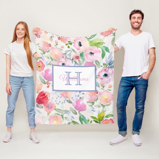 Roze floralen witte boho naam fleece deken (In situ)