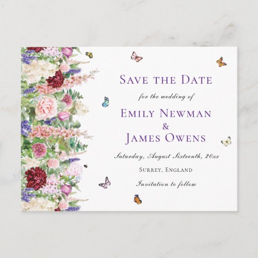 Roze Florals en Butterflies | Weddenschap Save the Aankondigingskaart (Voorkant)