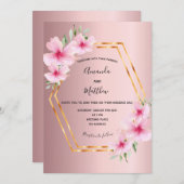 Roze florals goud geometrische bruiloft kaart (Voorkant / Achterkant)