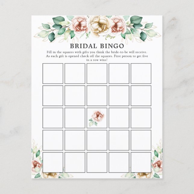 Roze Florals Greenery Vrijgezellenfeest Bingo Game (Voorkant)