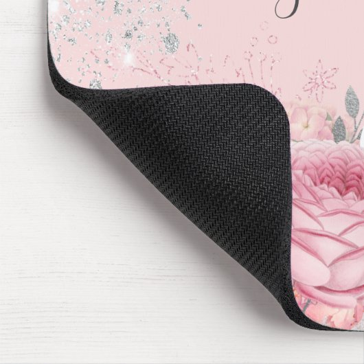 Roze florals zilver monogram script muismat (Hoek)