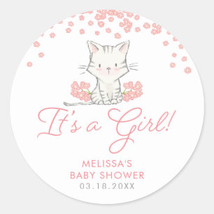 Roze Flowers Kitten Girl Baby shower Ronde Sticker