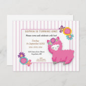 Roze Fluffy Llama Stripe Eerste Verjaardag Uitnodi Briefkaart (Voorkant / Achterkant)
