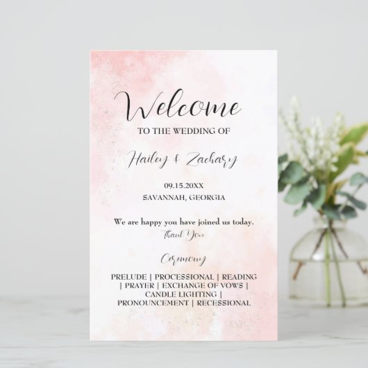 Roze fluistert bruiloft programma (Staand voorkant)