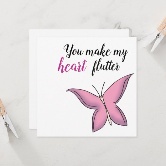 Roze Fluttering Butterfly Valentijn Kaart (Voorkant / Achterkant in situ)