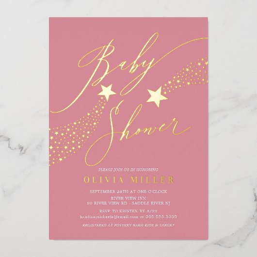 Roze Folie Baby shower Folie Uitnodiging (Voorkant)