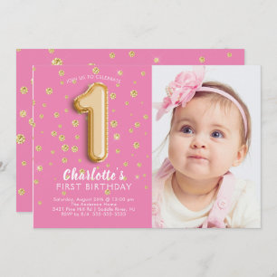 Roze Folie ballon Foto 1e verjaardag Uitnodiging