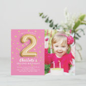 Roze Folie Ballon Foto 2e Verjaardag Uitnodiging (Staand voorkant)