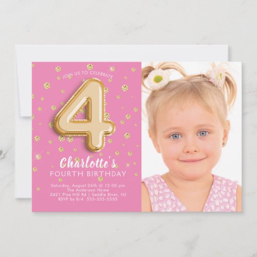 Roze Folie ballon foto 4e verjaardag uitnodiging (Voorkant)