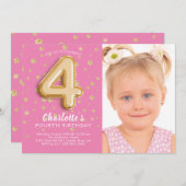 Roze Folie ballon foto 4e verjaardag uitnodiging (Voorkant / Achterkant)