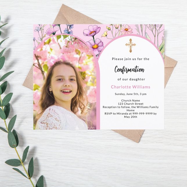 Roze foto boog bloemen Bevestiging uitnodiging (Creator heeft geüpload)