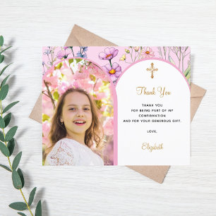 Roze foto boog bloemenbevestiging Dank u kaart