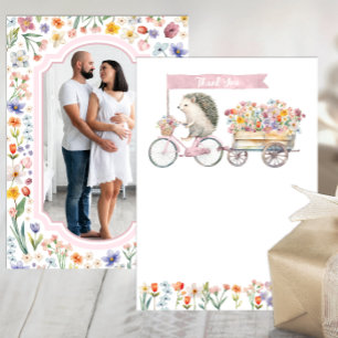 Roze foto Dank u – Floral Hedgehog Baby shower Bedankkaart