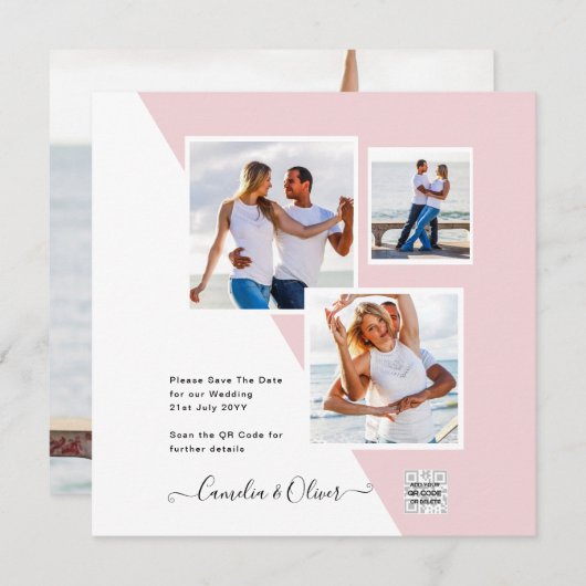 Roze Foto Huwelijksuitnodiging QR Code Bewaar Datu (Voorkant / Achterkant)