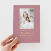 Roze Foto Meisje Eerste Heilige Communie Goud Folie Uitnodiging