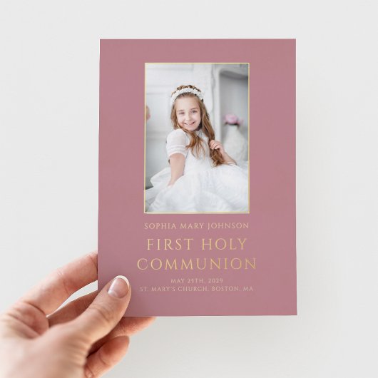 Roze Foto Meisje Eerste Heilige Communie Goud Folie Uitnodiging