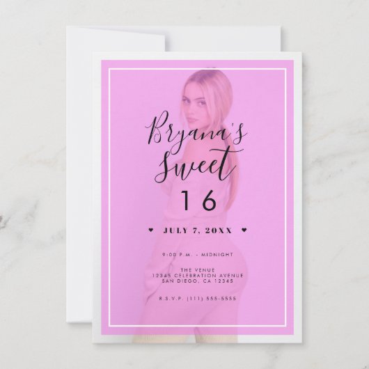 Roze foto Tint Overlay 2 Modern Minimal Sweet 16 Kaart (Voorkant)