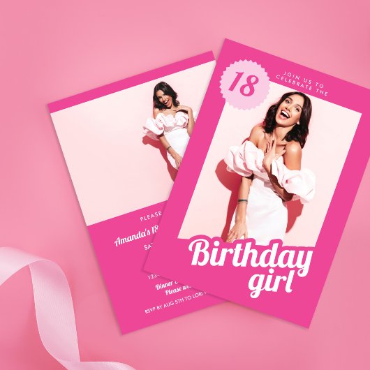 Roze foto verjaardagsuitnodiging kaart