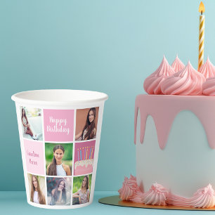 Roze Fotocollage Custom Verjaardagsfeest voor Vrou Papieren Bekers
