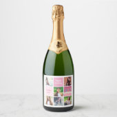 Roze Fotocollage Custom Verjaardagsfeest voor Vrou Sparkling Wijnetiket (Voorkant)