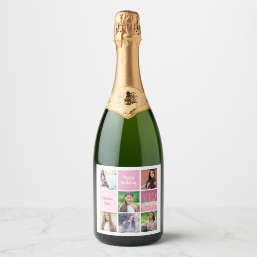 Roze Fotocollage Custom Verjaardagsfeest voor Vrou Sparkling Wijnetiket (Voorkant)